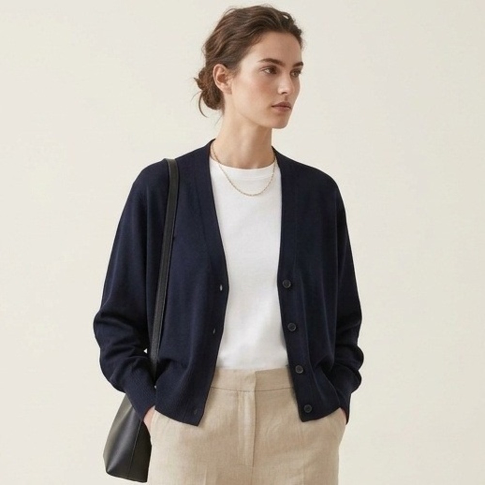 COS Wool Blend Cardigan Womens L Dark Navy Blue V-Neck Button Front Minimalist